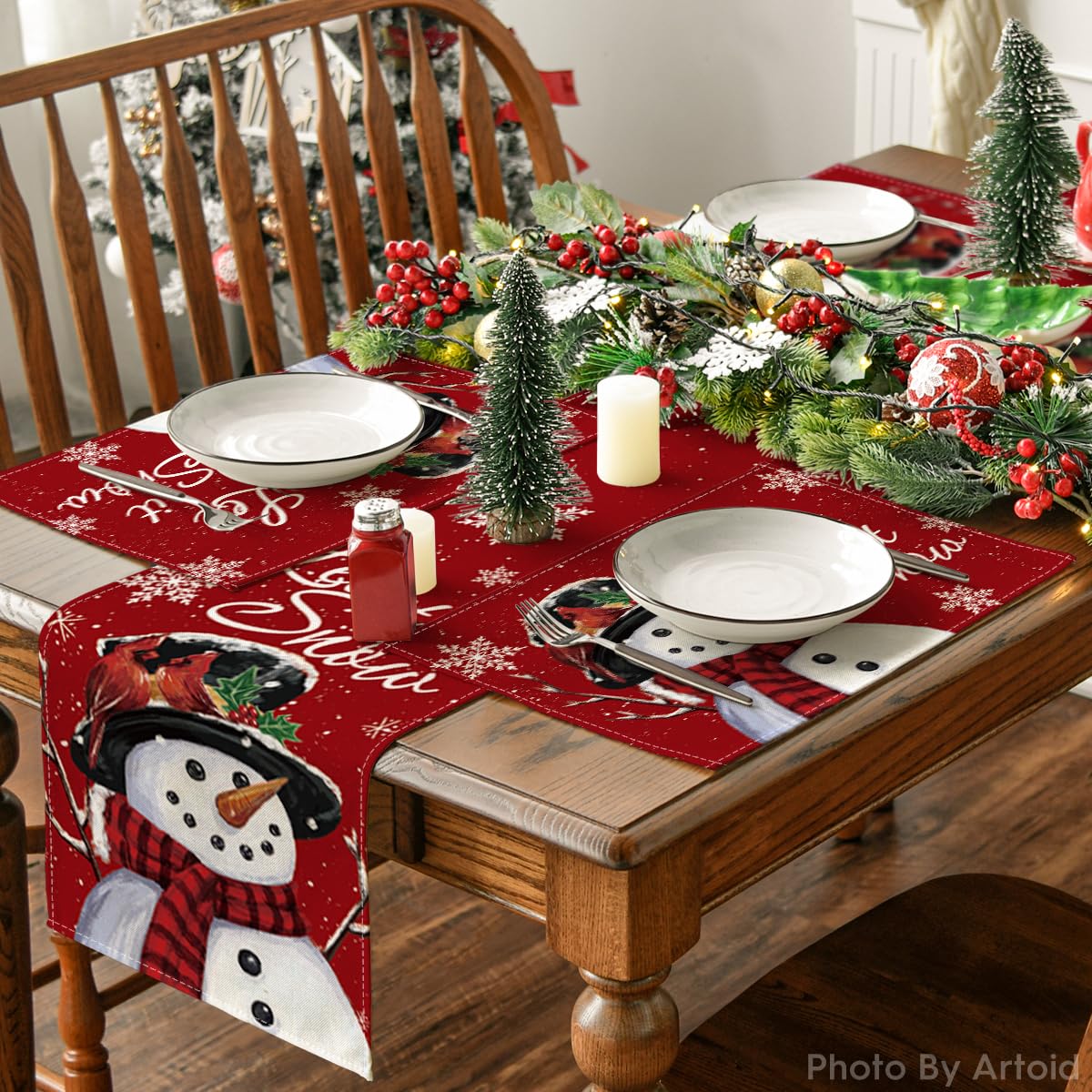 Artoid Mode Red Snowman Let It Snow Winter Placemats Set of 4, 12x18 Inch Seasonal Christmas Holiday Table Mats for Party Kitchen Dining Decoration Artoid Mode