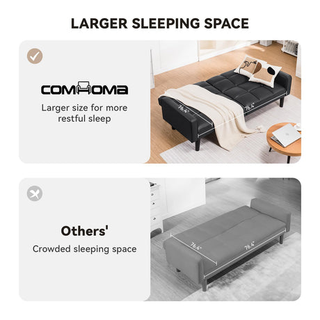 COMHOMA 76 inch Futon Sofa Bed,Mid Century Modern Futon Couch with Adjustable Backrest,Fabric Convertible Sofa Cama,Folding Sleeper Sofa for Living Room,Bedroom (Black) COMHOMA