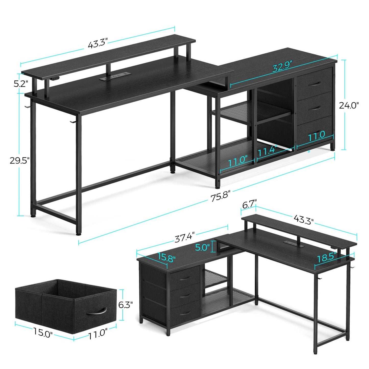 Seventable L Shaped Computer Desk with Drawers, Reversible Gaming Desk with LED Lights & Charging Port, Corner Desk with Storage Shelves & Monitor Stand for Home Office Black - WoodArtSupply