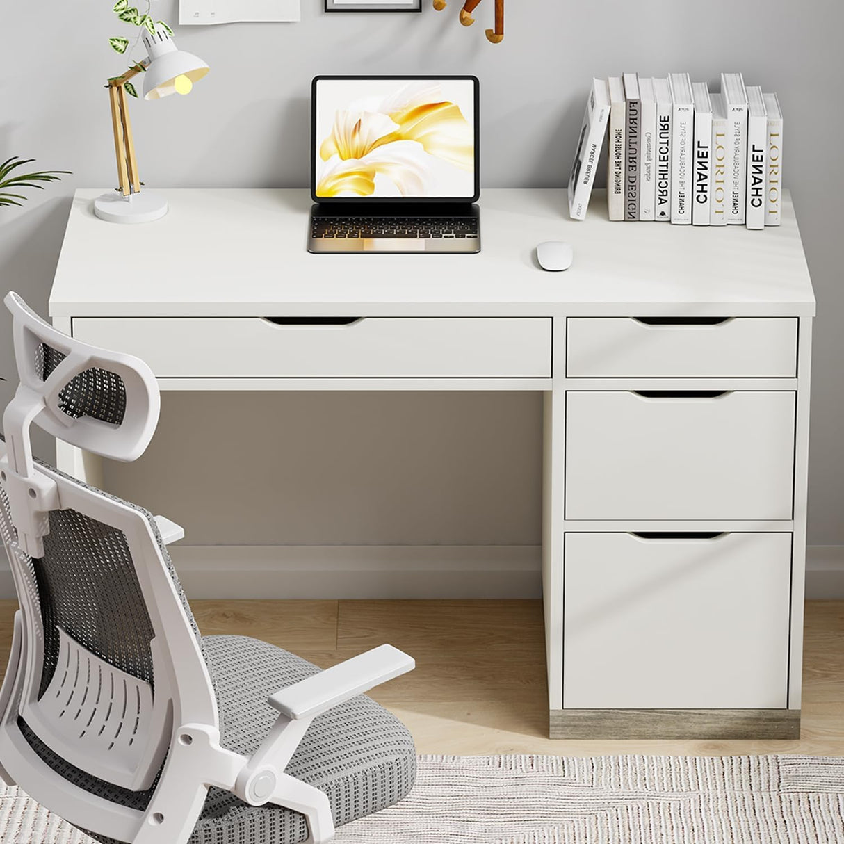MaverickFurni White Computer Desk with Storage Drawers, Home Office Small Desk with File Cabinet, Study Desk for Kids with 4 Drawers, Modern Kids Desk for Bedroom, Small Space MaverickFurni