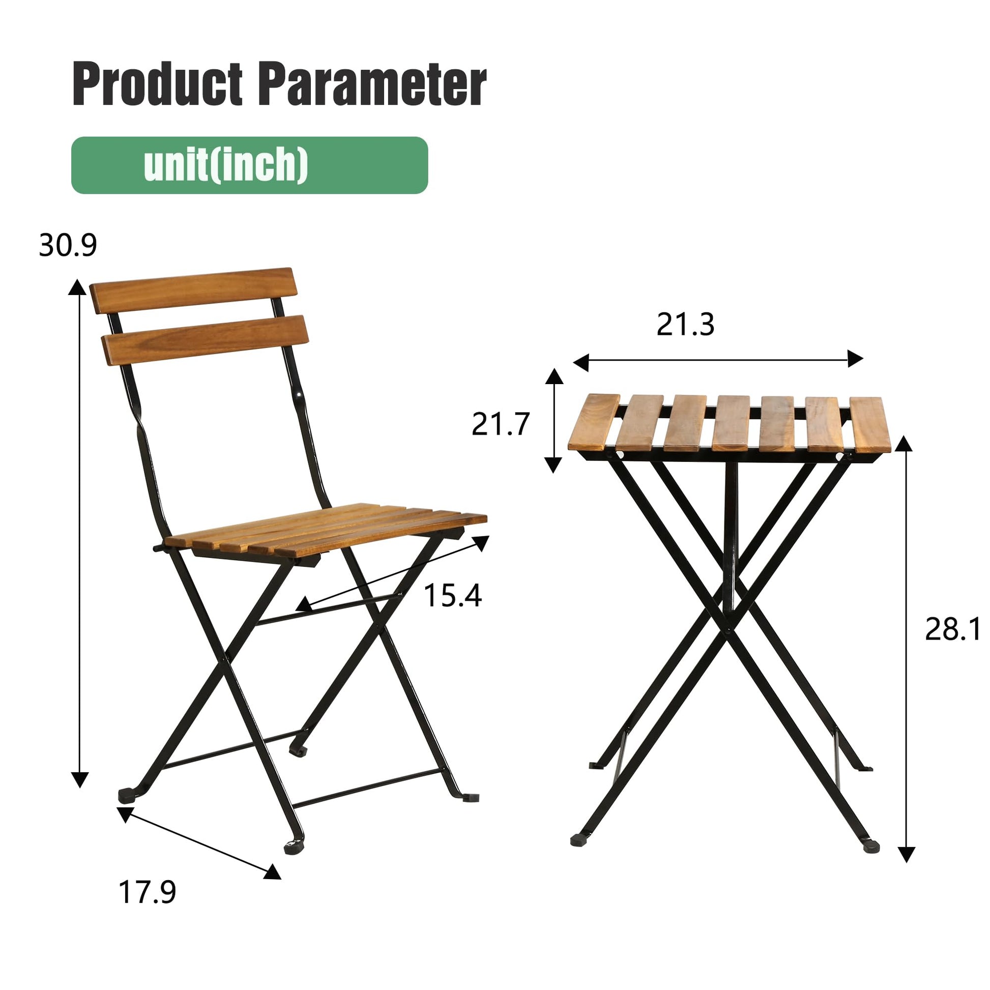 3 Pieces Bistro Set Outdoor Furniture Sets 2 Folding Chairs and Table Steel Frames and Weather-Resistant Wood Portable Design for Bistro & Balcony (Natural) - WoodArtSupply