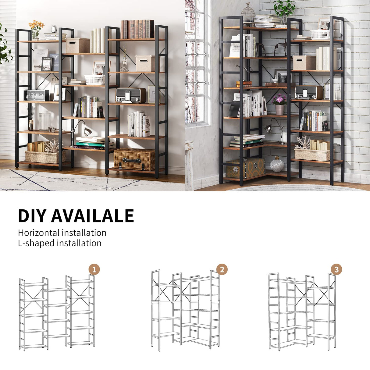 oneinmil Triple Wide 5-Shelf Bookcase Industrial Vintage Wood Style Large Open Bookshelves for Home&Office, Rustic Brown (5 Tier, Rustic Brown) oneinmil