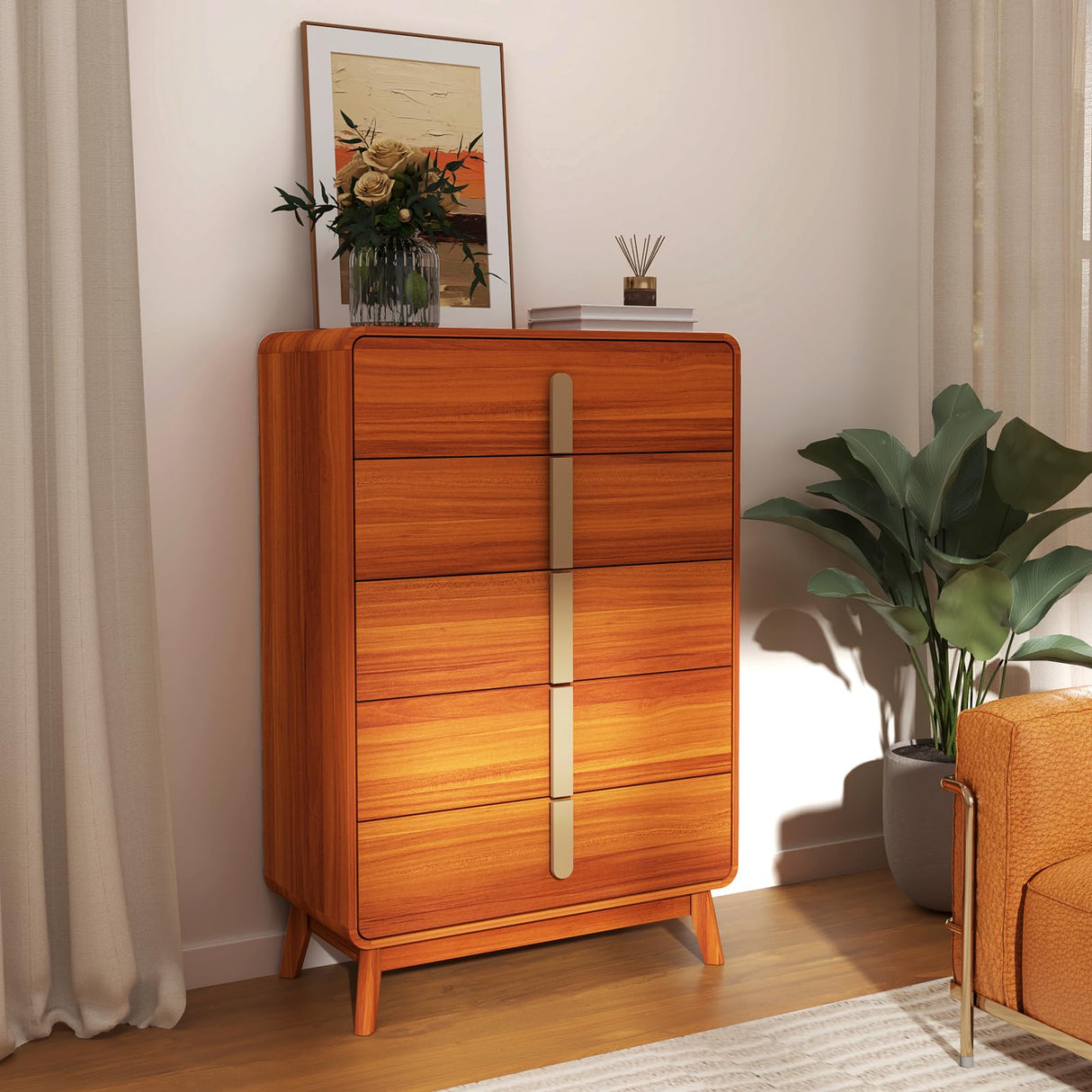 pnochoo 5 Drawer Dresser,Mid Century Modern Dresser for Bedroom,47.2" Tall Wooden Dresser,Entryway Cabinet with Drawers,Chest of Drawers with Metal Handle for Living Room,Hallway,Cherry pnochoo