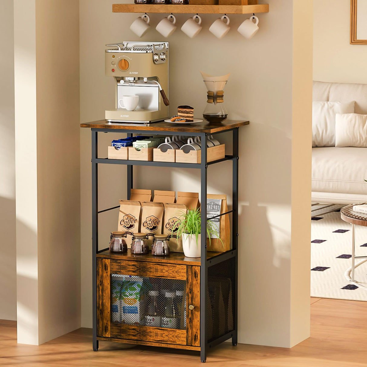 X-cosrack Coffee Bar Station, 3-Tier Small Coffee Stand Station with Storage, Farmhouse-Style Buffets and Sideboards Coffee Bar Cabinet Featuring 1-Door Cabinet for Living Room, Entryway, Kitchen X-cosrack