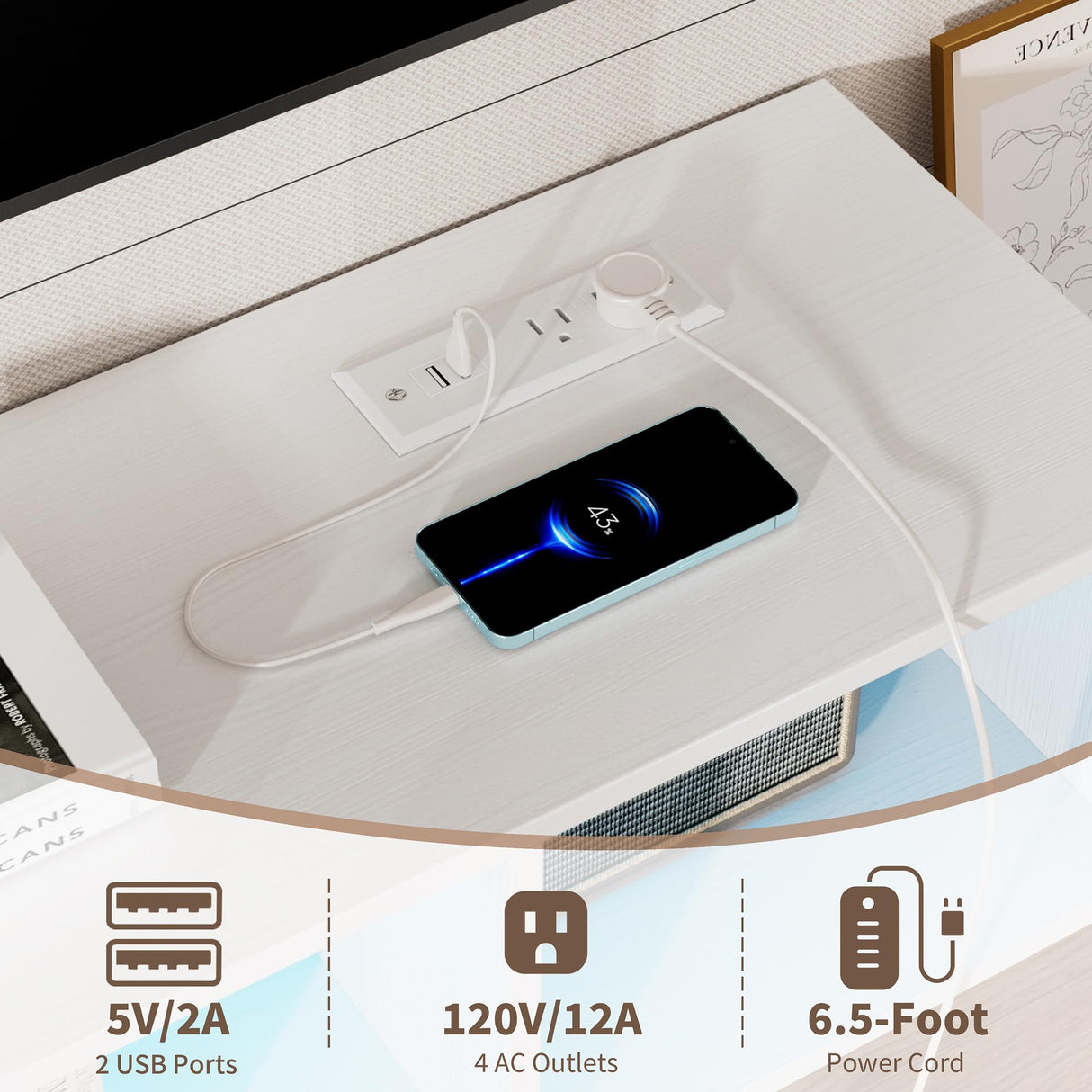 Algglobuy 59'' Modern TV Stand with Power Outlet, LED Entertainment Center with Open Storage Shelves for TVs up to 65 Inch, TV Media Console Table for Living Room, Bedroom (White) Algglobuy