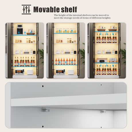 Storage Cabinet with Doors Adjustable Shelves - 65" White Tall Kitchen Pantry Organizer with Metal Handle/LED Lights/Human Sensor - 5 Tier Display Bookcase for Bedroom Living Room Office Dystler