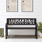 AVAWING Outdoor Bench, 2-Person Garden Benches for Outside, Metal Frame Patio Seating with Floral Pattern Backrest, Armrests for Lawn, Park, Porch, Entryway, Black AVAWING