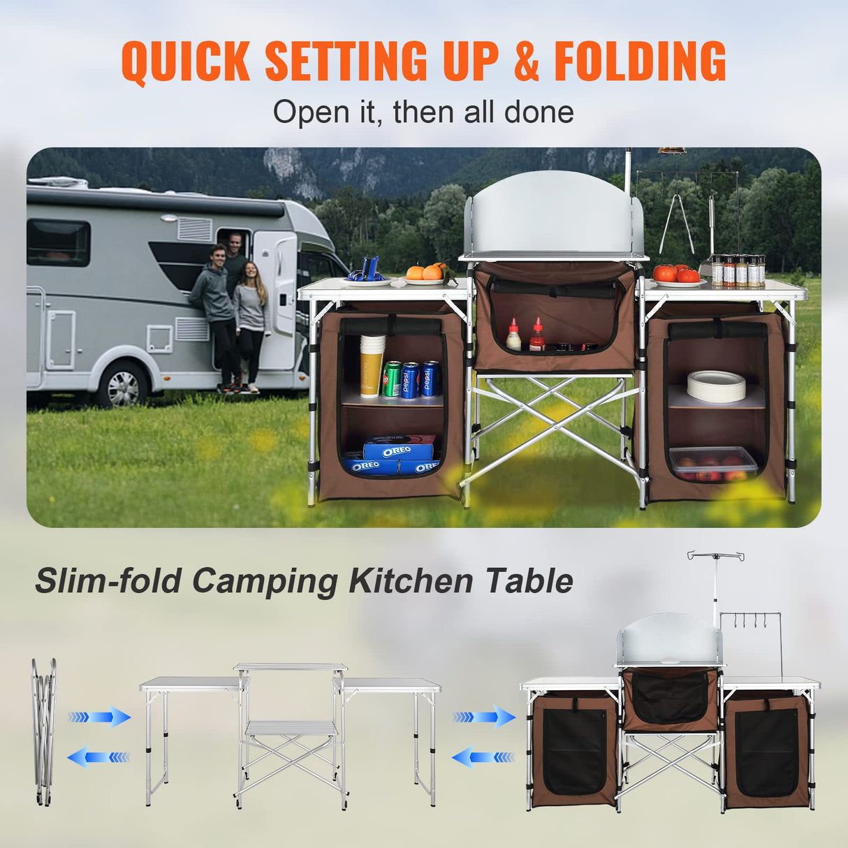 VEVOR Camping Kitchen Table, Folding Outdoor Cooking Table with Storage Carrying Bag, Aluminum Cook Station 3 Cupboard & Detachable Windscreen, Quick Set-up for Picnics, BBQ, RV Traveling, Brown VEVOR