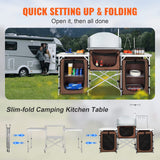 VEVOR Camping Kitchen Table, Folding Outdoor Cooking Table with Storage Carrying Bag, Aluminum Cook Station 3 Cupboard & Detachable Windscreen, Quick Set-up for Picnics, BBQ, RV Traveling, Brown VEVOR