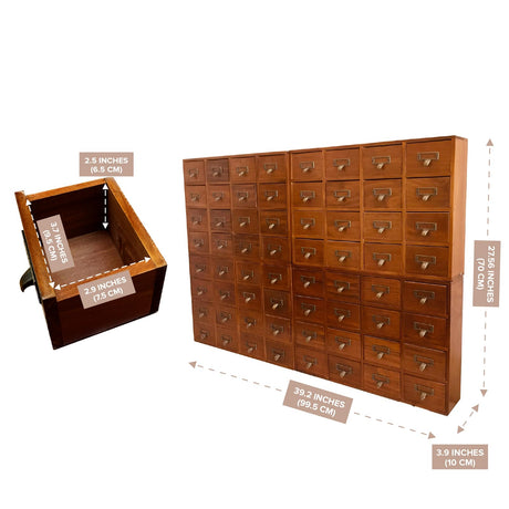 Huge 64-Drawer Wooden Storage Box Traditional Apothecary Curio Cabinet in Vintage Wood - Card Catalog Library Desk Drawer w/Label Holders Handles - Multi Level Countertop Arts and Craft Organizer Woodaholic