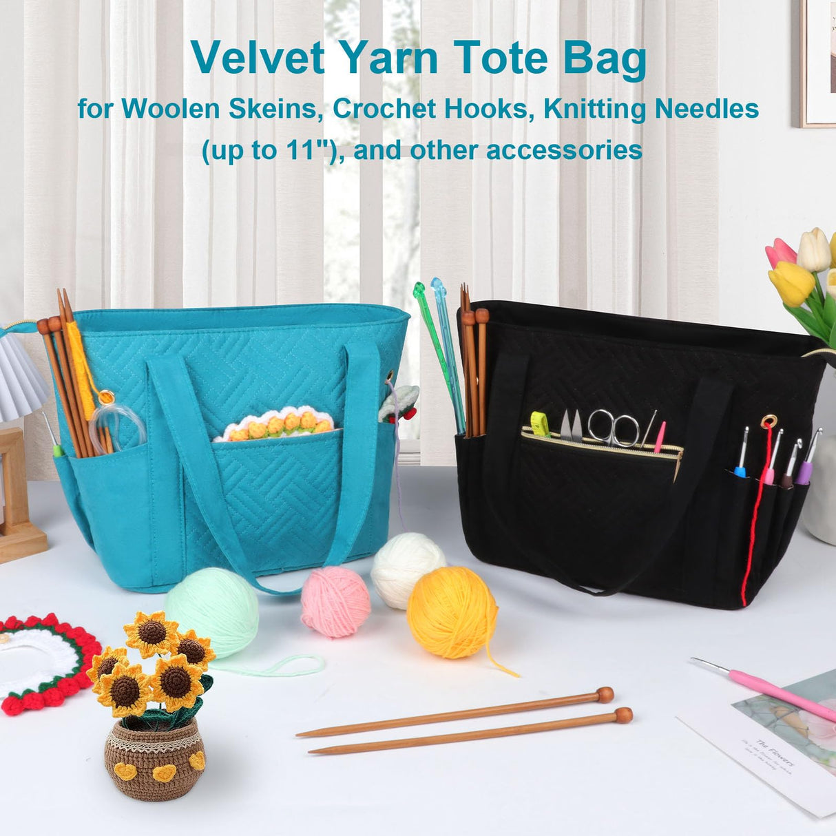 Veirdro Crochet Bag Organizer for Yarn Storage, Velvet Knitting Tote Bag with Double Handle for Crochet Accessories, Portable Travel Case for Yarn Balls, Crochet Hooks& Knitting Needles Holder (Teal) Veirdro