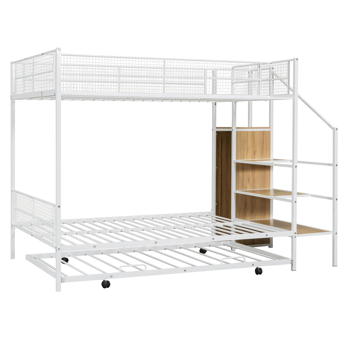 Twin Over Full Metal Bunk Bed with Trundle, Stairs, Wardrobe and Storage Shelves, Modern Style Heavy-Duty Steel Frame Bunk Bed with Safety Rail, for Bedroom, Dorm, White Bellemave
