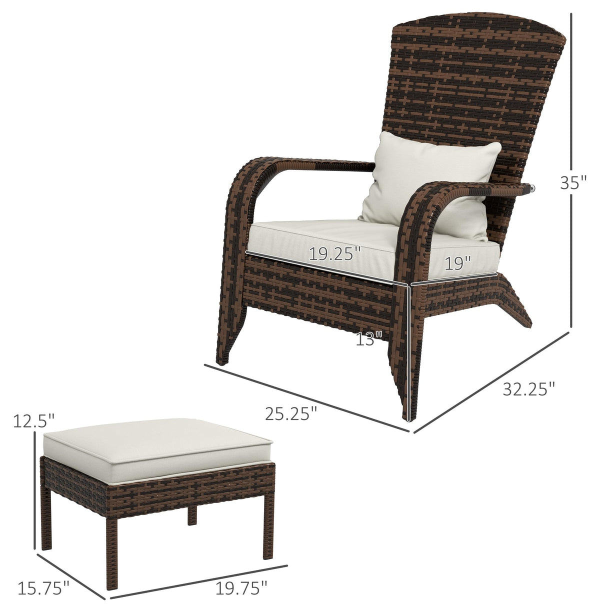 Outsunny Patio Wicker Adirondack Chair with Ottoman, Outdoor Fire Pit Chair with Cushions, High-Back, Large Seat & Armrests for Deck, Garden & Backyard, Cream White Outsunny