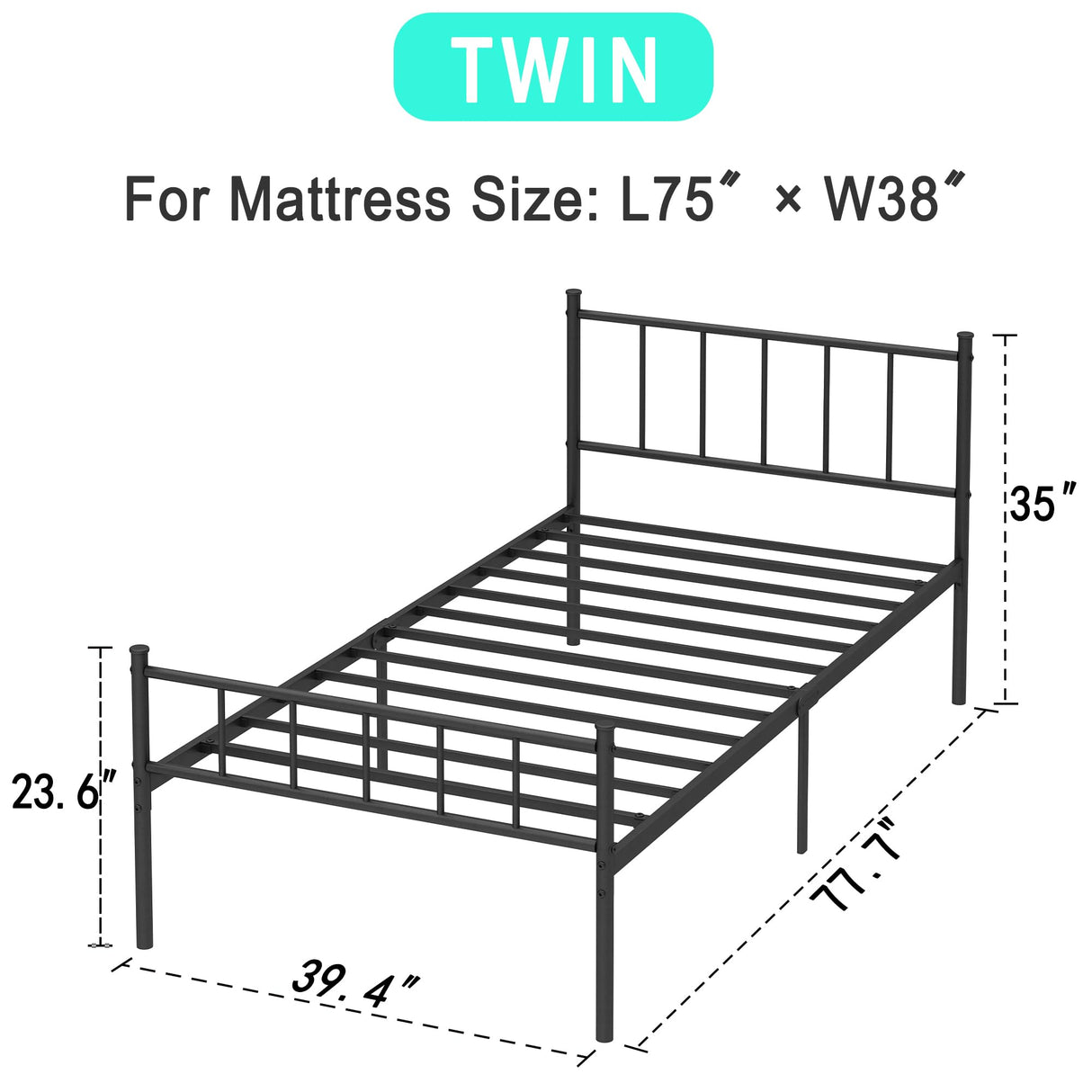 HAFENPO Twin Size Platform Bed Frame - Black Metal Bed Frame,Heavy Duty Base with Headboard and Footboard,Steel Slat Support,No Box Spring Needed,Easy to Assemble,Suitable for Bedrooms HAFENPO