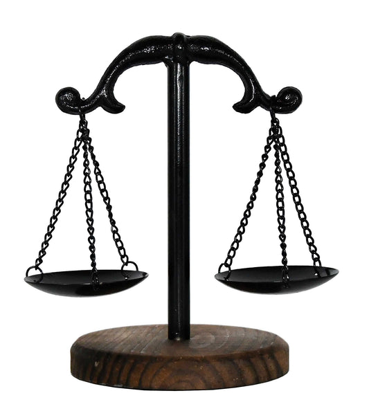 Owlgift Vintage Style Metal Libra Jewelry Towers Tray w/Wooden Base Cosmetic Organizer Storage, Lawyer Scale of Justice, Farmhouse Candleholder, Home Décor Antique Weight Balancing Scale – Black