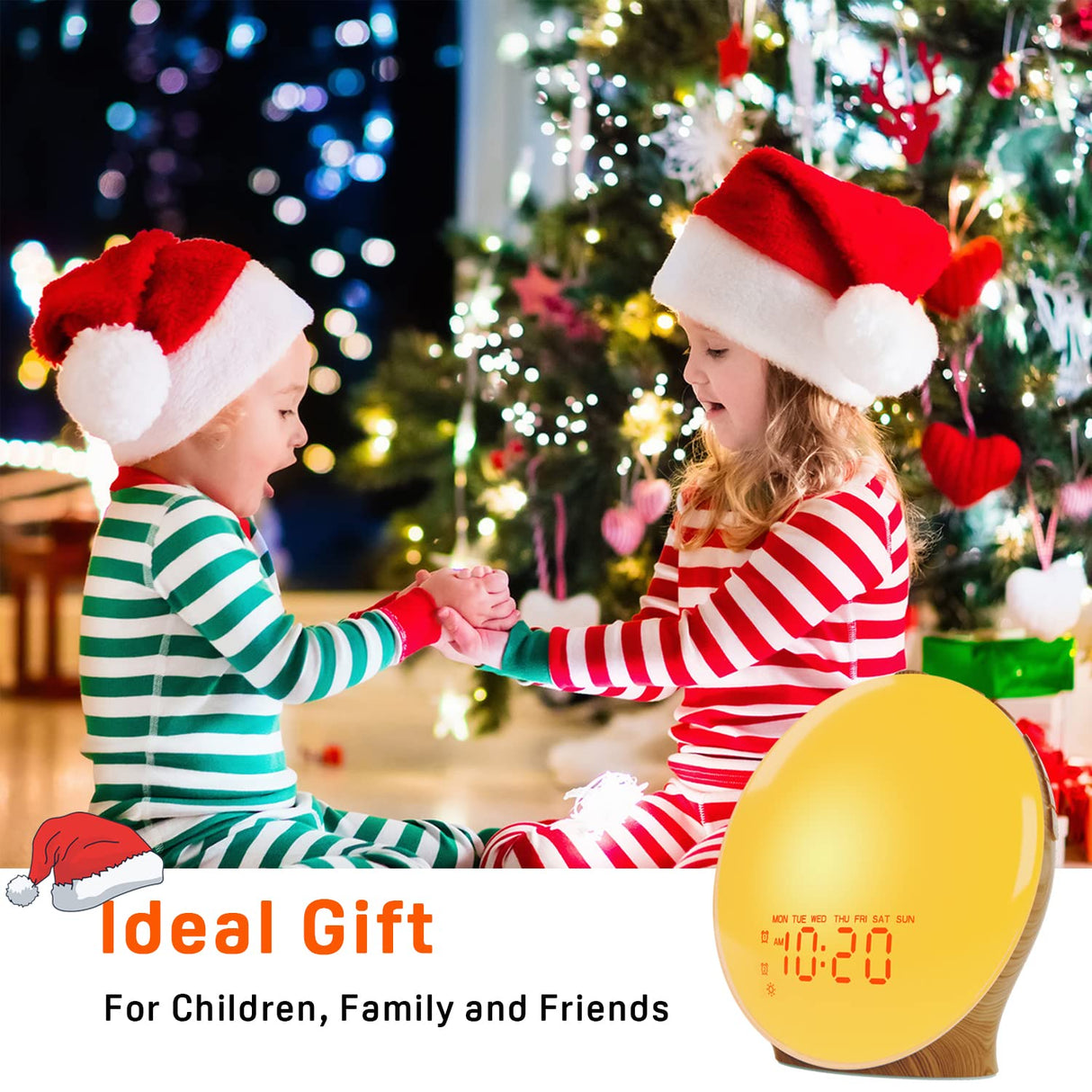 Wake Up Light Sunrise Alarm Clock for Kids, Heavy Sleepers, Bedroom, Full Screen with Sunrise/Sunset Simulation, Dual Alarms, FM Radio, 15 Colorful Nihgt Lights, Natural Sounds, Wood Grain JALL