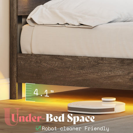 AMERLIFE Farmhouse Floating Queen Bed Frame with Recline Headboard and RGB LED Lights - Washed Gray AMERLIFE