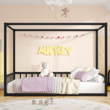Twin Size Canopy Floor Bed with 4 Posters and Guardrails, Twin Size Montessori Floor Bed with High Fence, Anti Bump Design, Easy Assemble Montessori Beds, Heavy Duty Canopy Beds Black Bellemave