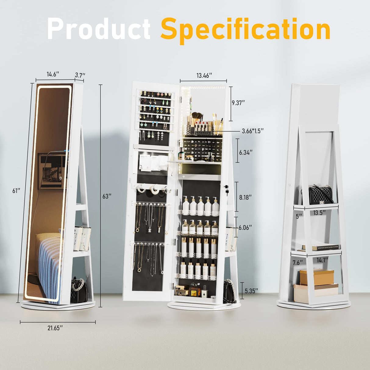 TJYGO LED Mirror Jewelry Cabinet Standing, with Full-Length Mirror and Adjustable LED Lights, Lockable Jewelry Armoire, 360° Swivel Jewelry Storage TJYGO