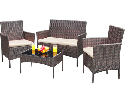 Greesum Patio Furniture 4 Pieces Conversation Sets Outdoor Wicker Rattan Chairs Garden Backyard Balcony Porch Poolside loveseat with Soft Cushion and Glass Table, Brown and Beige - WoodArtSupply