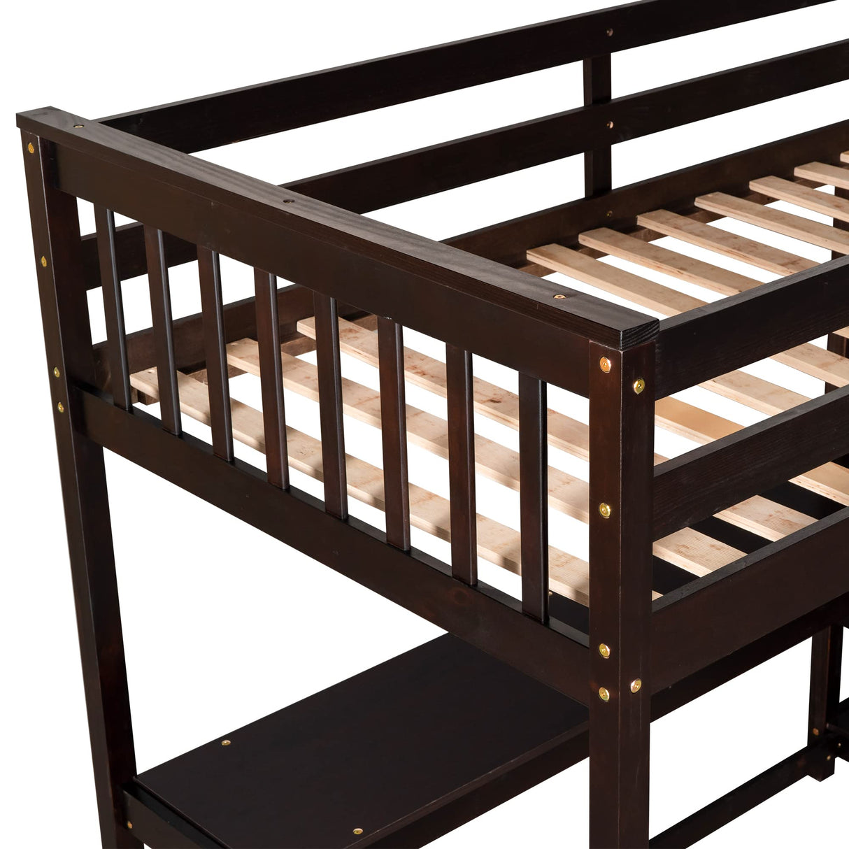 Twin Size Loft Bed with Desk & 4-Storage Shelves, Wood Loft Bed Frame with Safety Guard Rail and Under-Bed Desk, Noise Free, No Box Spring Needed, Espresso Bellemave