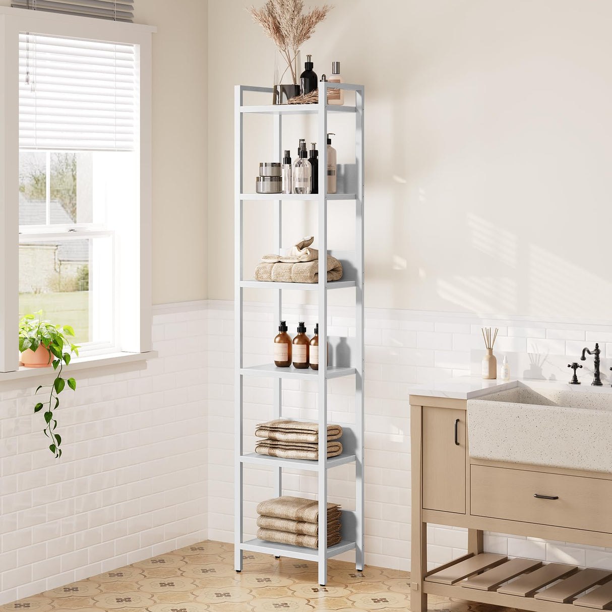 MAHANCRIS 6-Tier Bookshelf, Bookcase, Shelves Organizer for Small Spaces, Storage Shelf Organizer, for Living Room, Bedroom, Study, Balcony, White BKBW6601 MAHANCRIS