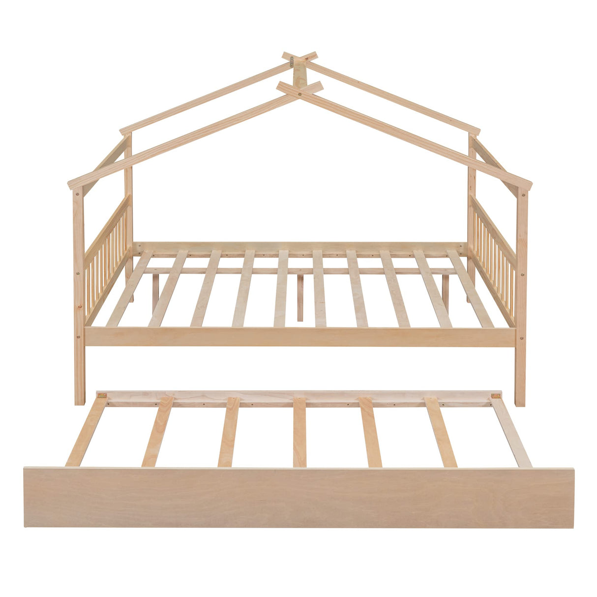Merax Full Size Wooden House Bed with Trundle, Wood Bed Frame with Roof for Kids, Teens, Boys or Girls, Natural Merax