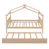 Merax Full Size Wooden House Bed with Trundle, Wood Bed Frame with Roof for Kids, Teens, Boys or Girls, Natural Merax