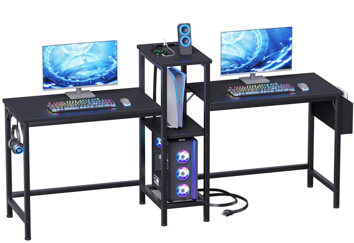 Furologee Double Desk with Power Outlets, 71 Inch Computer Desk with Storage Bag and Headphone Hooks, Gaming Desk Study Writing Table for Home Office, Black Furologee