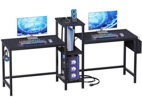 Furologee Double Desk with Power Outlets, 71 Inch Computer Desk with Storage Bag and Headphone Hooks, Gaming Desk Study Writing Table for Home Office, Black Furologee