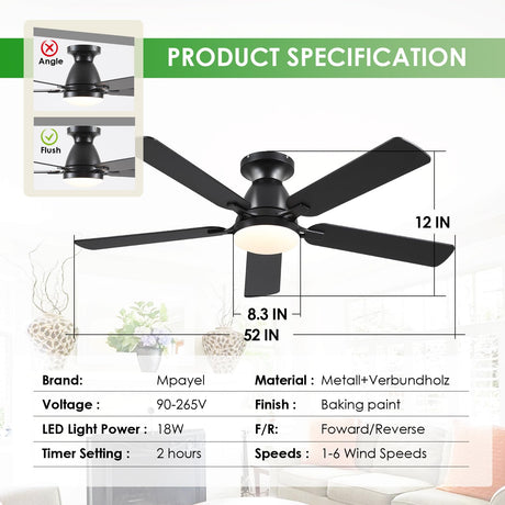 Ceiling Fans with Lights- 52" Low Profile Indoor Ceiling Fan with Light and Remote/APP Control, Flush Mount, LED Dimmable DC Reversible Modern Ceiling Fan for Bedroom（Black） Mpayel
