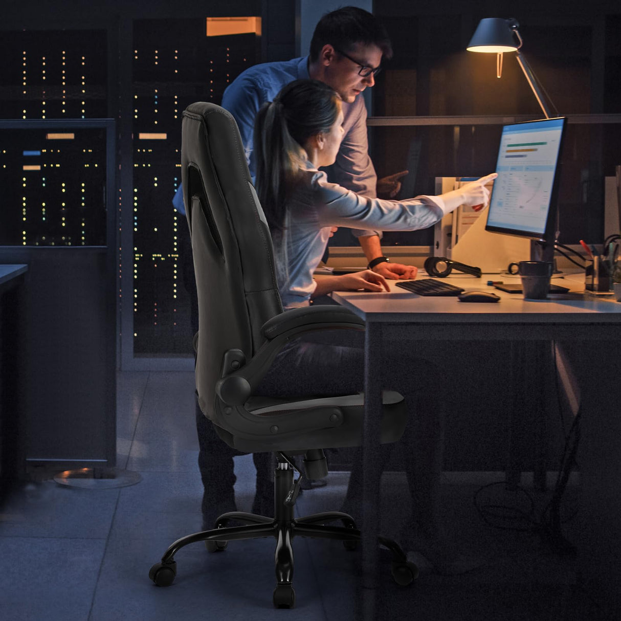 Sweetcrispy Computer Gaming Desk Chair - Ergonomic PU Leather with Comfy Lumbar Support, Height Adjustable Rolling Desk with Flip-up Armrests, for Home and Office Sweetcrispy