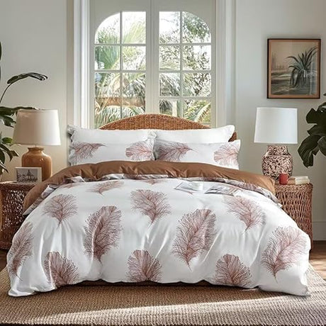 OAITE Duvet Cover Twin Size,Reversible Leaf Brown Duvet Cover Set with Zipper Closure, 3 Pieces Modern Patterns Soft Microfiber Bedding Set with 8 Ties(68’’*90’’,2 Pillow Cases) OAITE