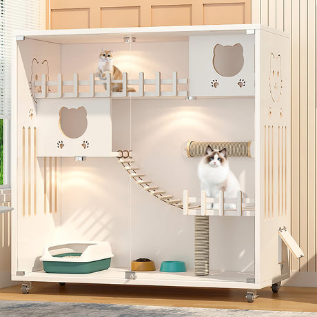 HUATOL Large Cat Cage, Wooden Cat House for Outdoor/Indoor Cats, Multi-Feature Cat Condo with Scratching Posts and Wheels, Enclosed Condo for Indoor Cats Ventilation, White, 50" X 48" X 24" HUATOL