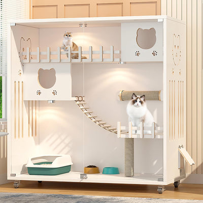 HUATOL Large Cat Cage, Wooden Cat House for Outdoor/Indoor Cats, Multi-Feature Cat Condo with Scratching Posts and Wheels, Enclosed Condo for Indoor Cats Ventilation, White, 50" X 48" X 24"