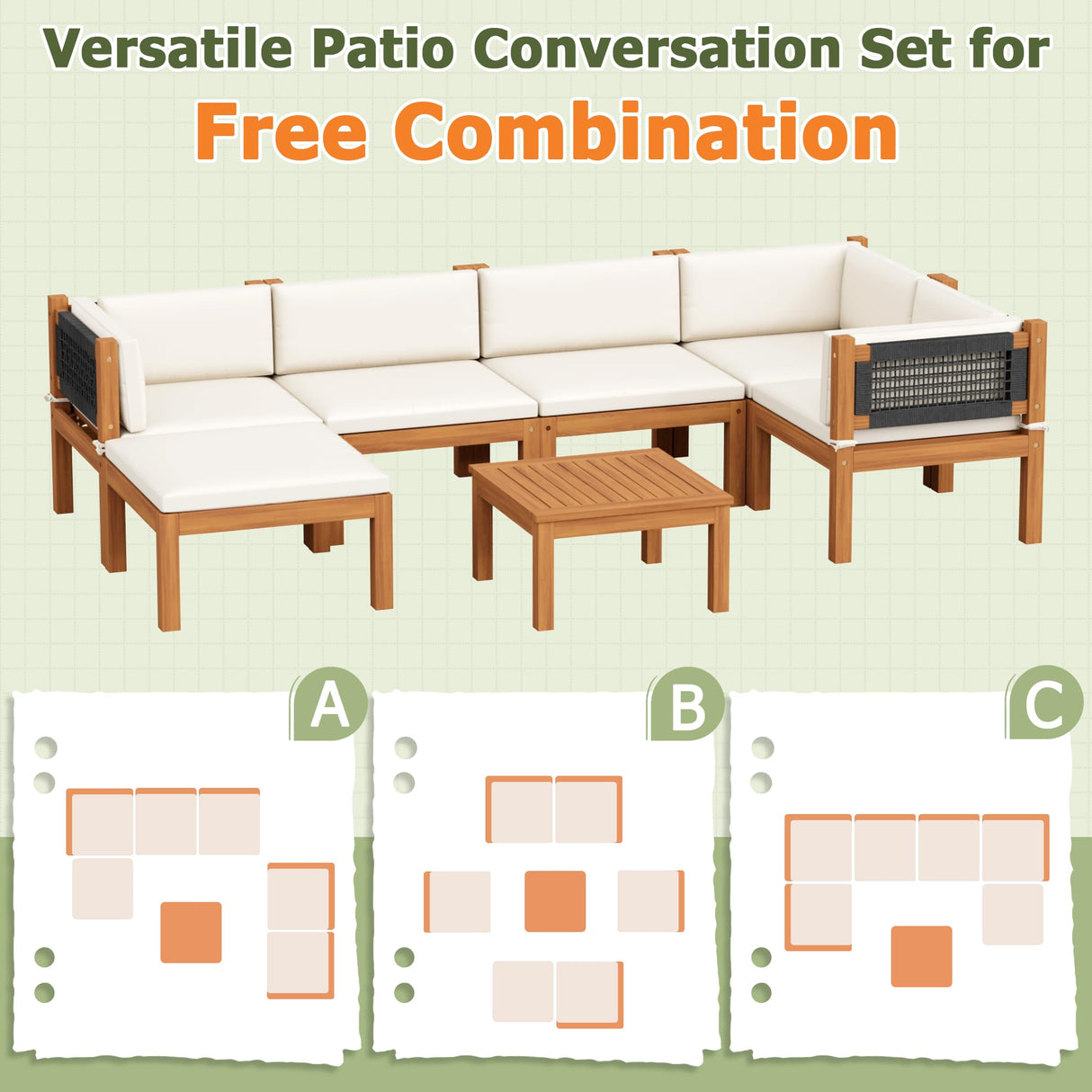 Devoko 7 Piece Acacia Wood Patio Sofa, Outdoor Sectional Coach and Love Seat with Coffee Table, Acacia Wood Patio Furniture Set for Balcony,Porch,Garden Devoko