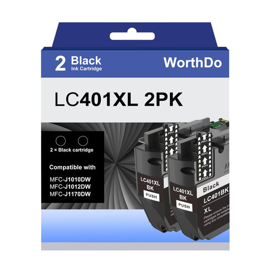 WORTHDO LC401XL High Yield Black Ink Cartridges Compatible for Brother LC401 XL Black Work with Brother MFC-J1010DW MFC-J1012DW MFC-J1170DW Printer (2 Pack)