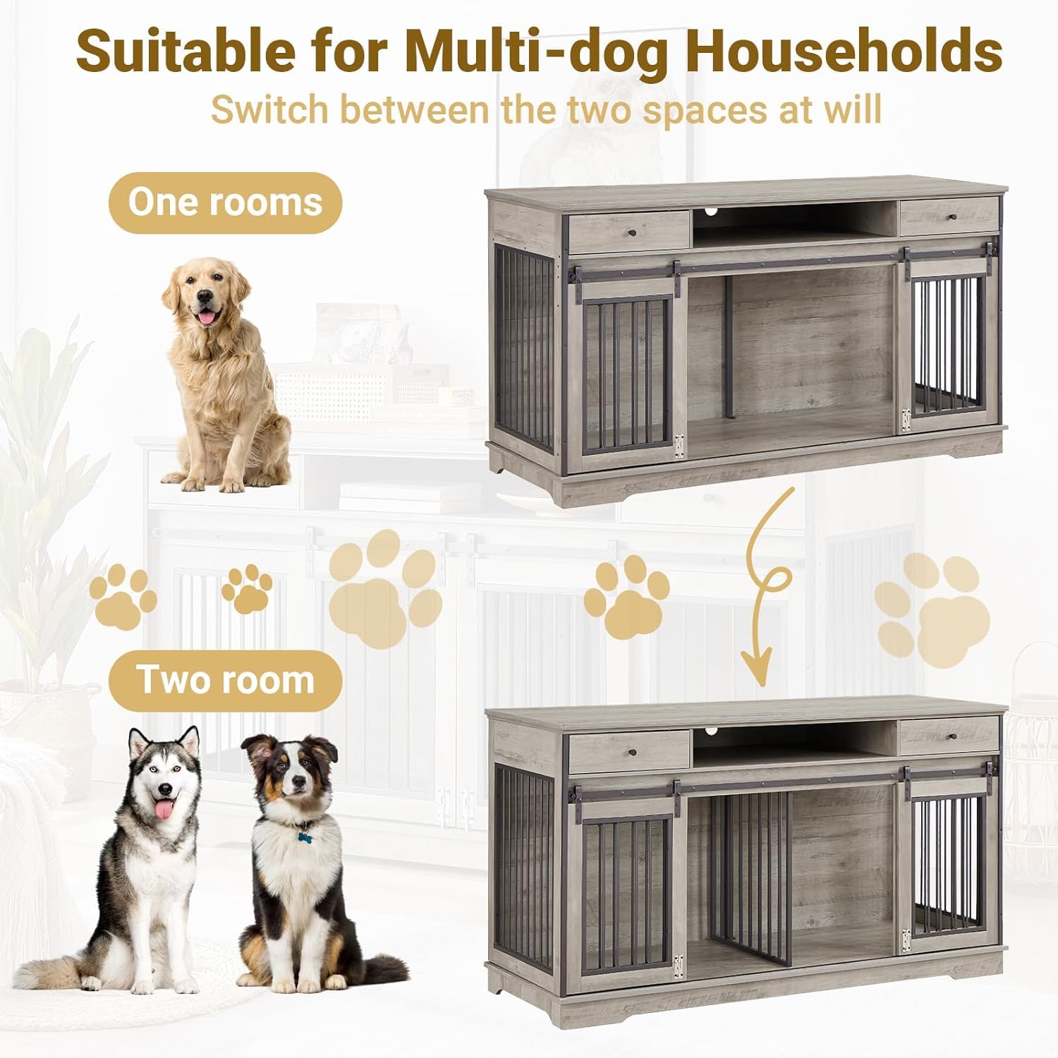 Rovibek 66'' Double Dog Crate Furniture for 2 Dogs, Double Dog Kennel Furniture, Heavy Duty Dog Crate, Furniture Style Dog Crate End Table, Wood Crates for Dogs Kennel Indoor - WoodArtSupply