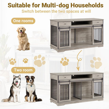 Rovibek 66'' Double Dog Crate Furniture for 2 Dogs, Double Dog Kennel Furniture, Heavy Duty Dog Crate, Furniture Style Dog Crate End Table, Wood Crates for Dogs Kennel Indoor - WoodArtSupply