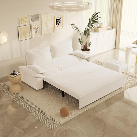 UPYOOE 70.1" Futon Sofa Bed Queen Size, Pull Out Bed, 3-in-1 Convertible Sleeper Sofa with 2 Soft Pillows, Modern Velvet Futon Couch for Living Room, Small Space, Apartment, Bedroom, Beige UPYOOE