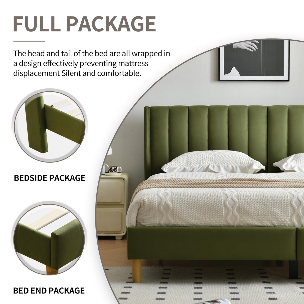 YUHUASHI upholstered Platform Bed Frame/King Bed Frame/Modern Geometric Double-Wing Design headboard/Velvet Fabric/Easy to Assemble no Noise (Grass Green, King (U.S. Standard)) YUHUASHI