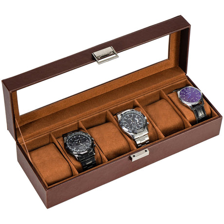 ProCase Watch Box for Men, 6 Slot Mens Watch Case, Watch Storage Watch Holder Organizer for Men, Watch Display Case With Glass Lid -6 Slot, Brown ProCase