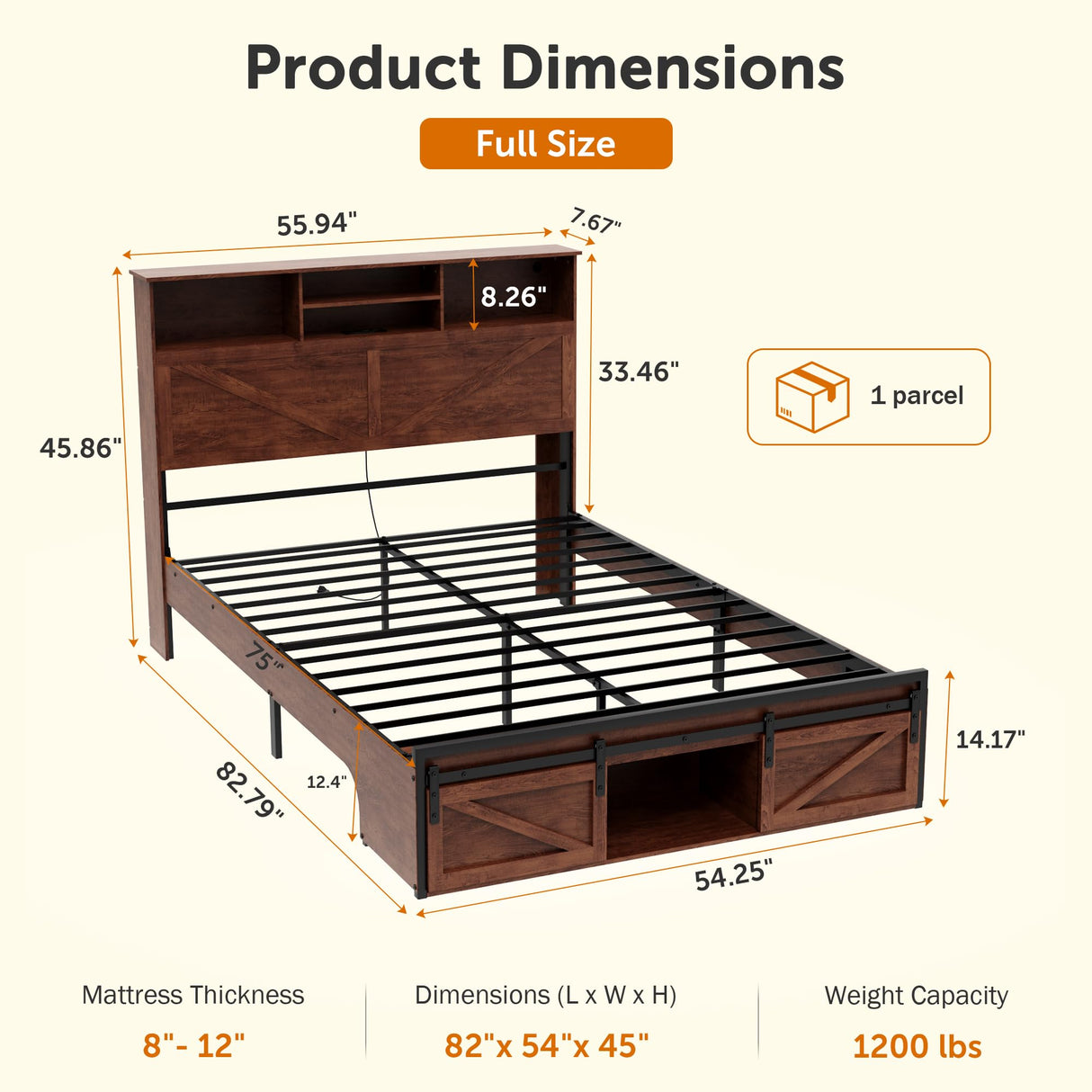 Everweekend Wooden Bed Frame with Storage Headboard, Rustic Brown Farmhouse Bedframe with Sliding Barn Door Footboard, Sturdy Metal Slats, No Box Spring Needed (Full) Everweekend