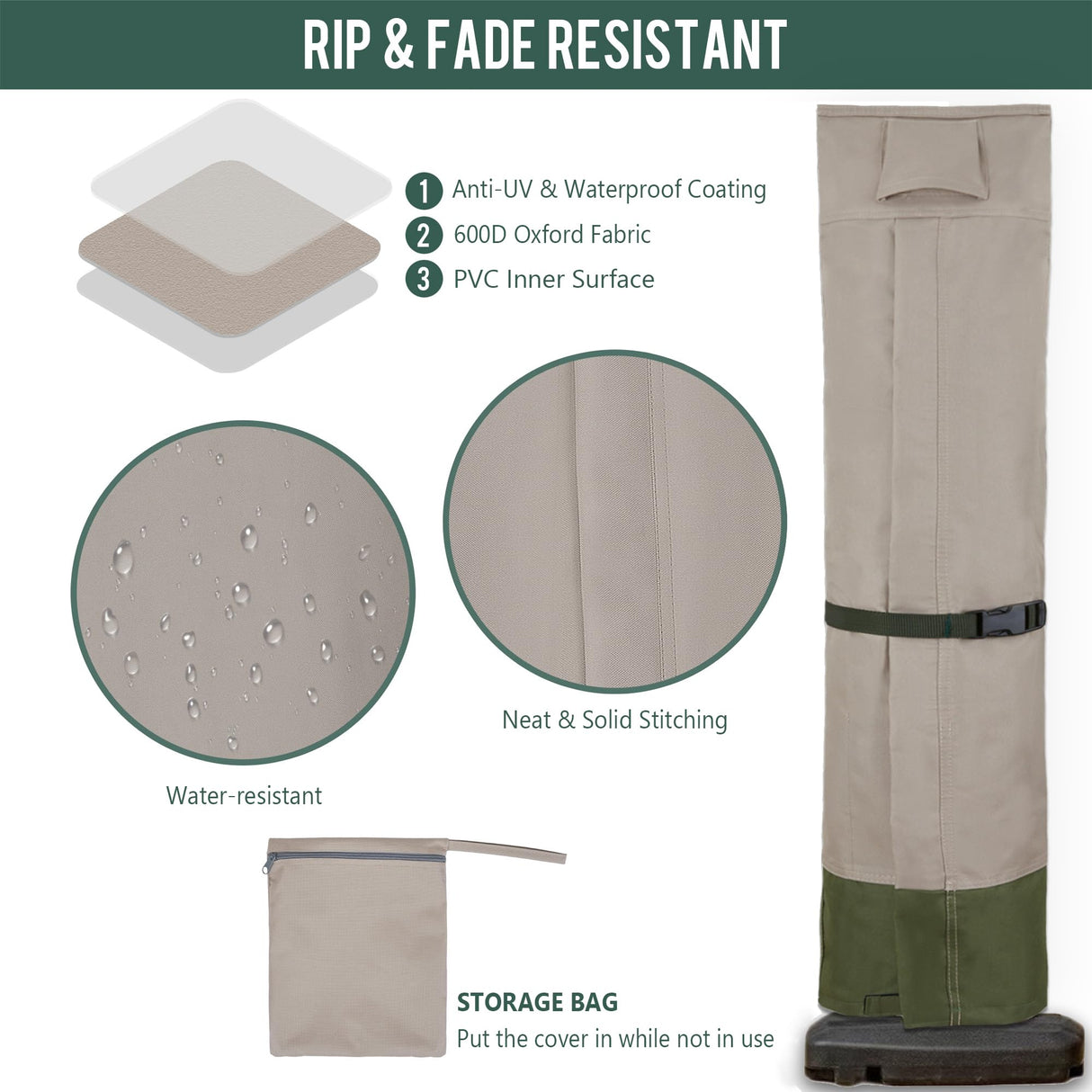 Rachmi Patio Cantilever Umbrella Cover for 9-13 Ft Umbrellas, 600D Water-resistant UV & Fade Resistant Cover Fits Round / Square Outdoor Garden Offset Parasol with Zipper & Rod, Khaki-Green Rachmi