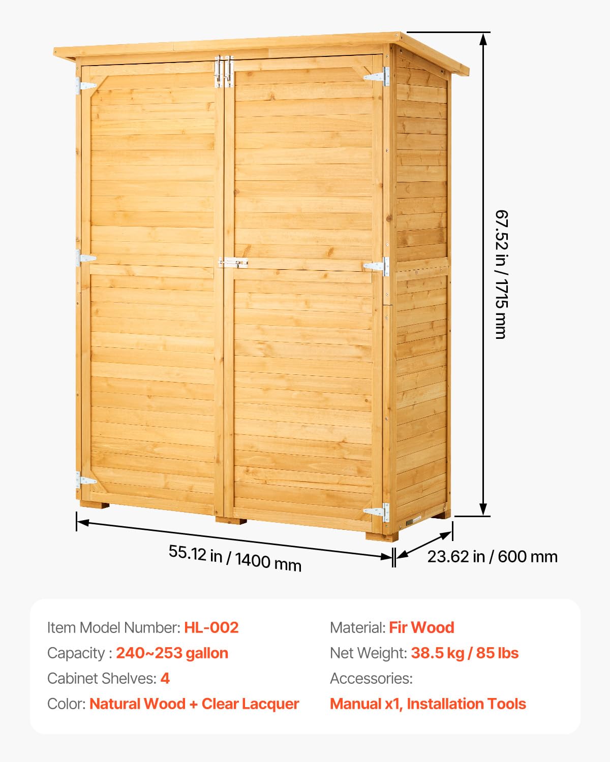 VEVOR Outdoor Storage Shed, Large Wooden Outside Storage Cabinet with Waterproof Roof and Metal Frame, Double Lockable Doors Garden Tool Shed Storage House Cabinet with Shelves, 55.1"x23.6"x67.5" VEVOR