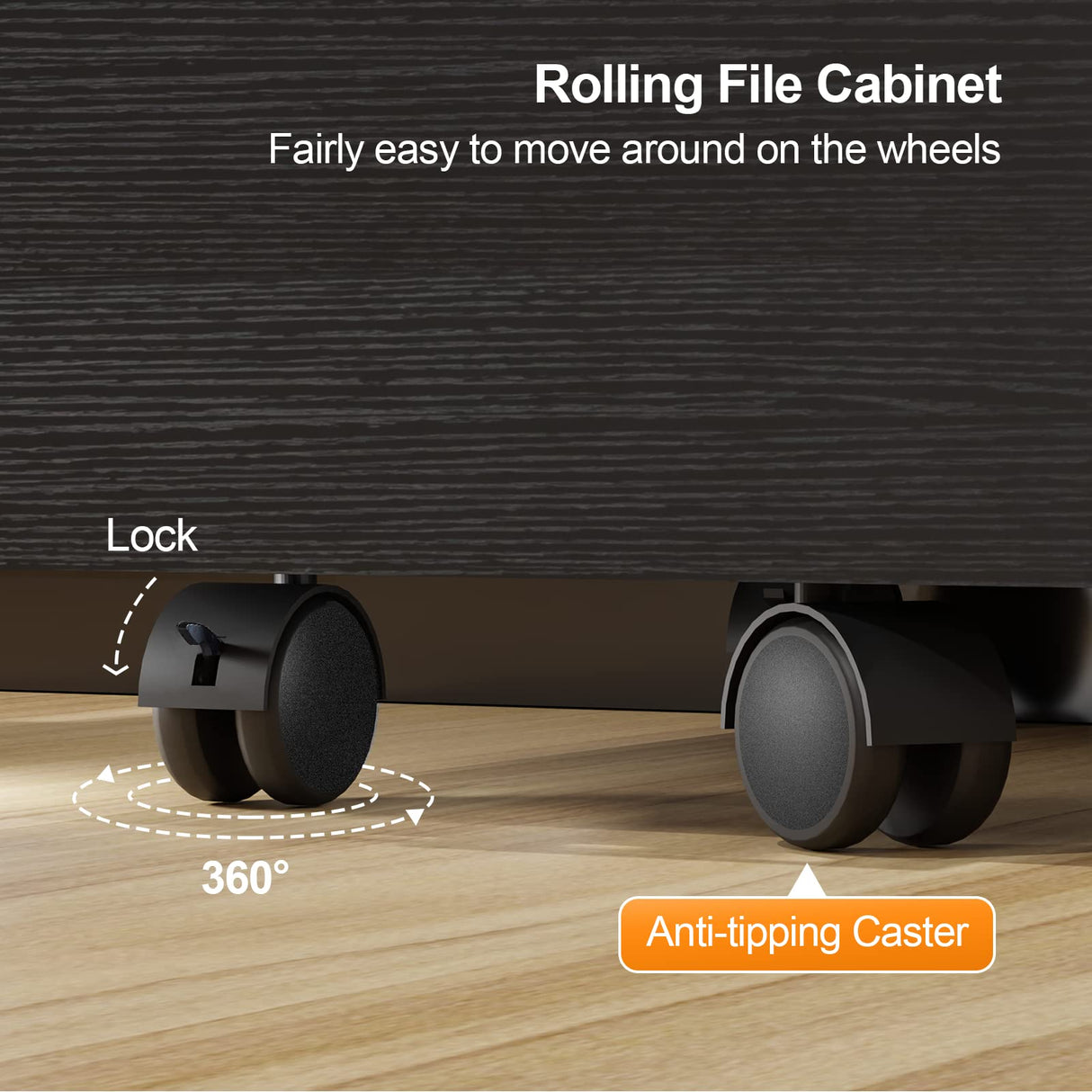 VINGLI 2-Drawer Small Rolling File Cabinet with Lock, Wood Filing Cabinet for Hanging Letter Size Filings with Tabs, Mobile Under Desk File Cabinet for Home Office, Classic Black, 27.2" H VINGLI