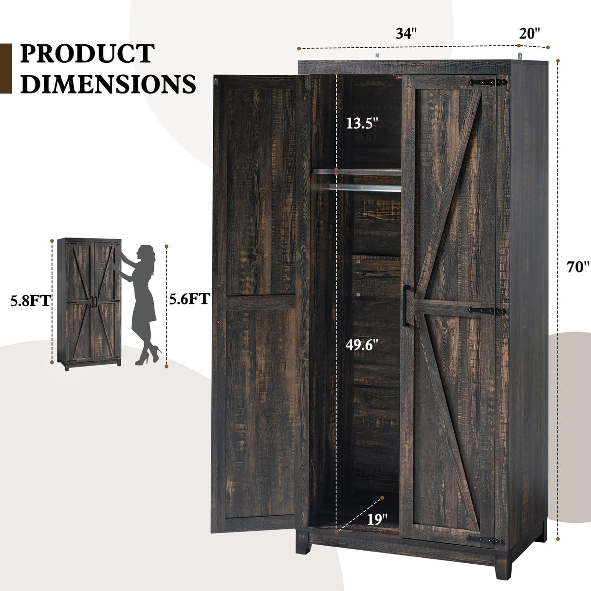 LUXOAK 70" Large Armoire Wardrobe Closet with Hanging Rod, Farmhouse Clothing Storage Cabinet with 2 Barn Doors, Wooden Tall Bedroom Armoires with Shelf, Dark Oak Wood LUXOAK