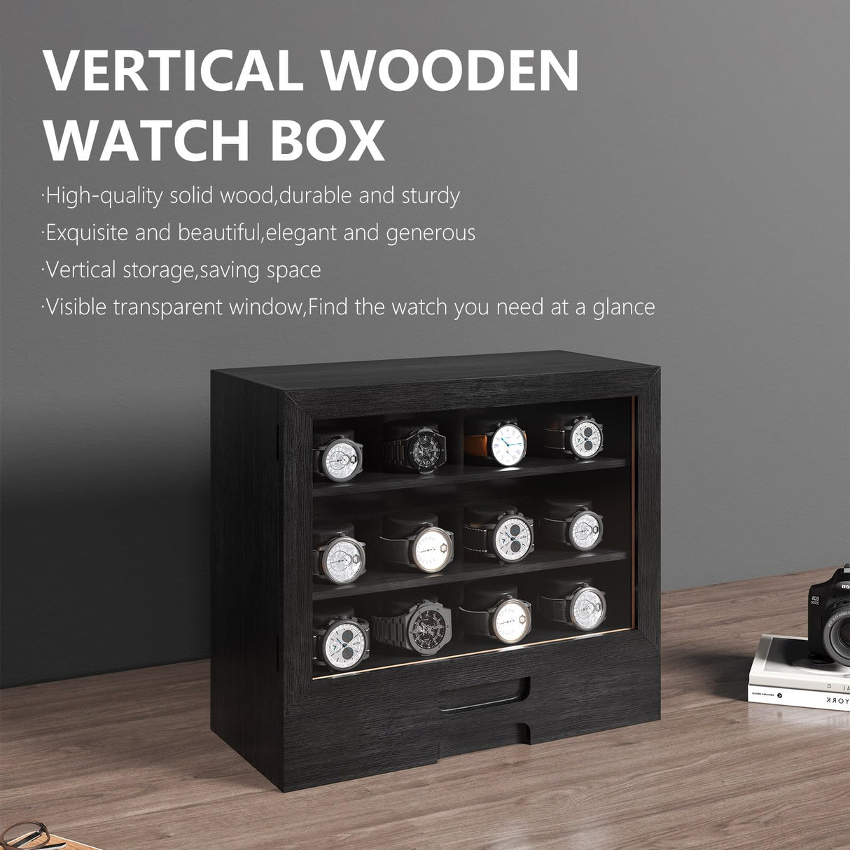 AUTOARK Wooden Watch Sunglass Display Case,12 Watch Box with Jewelry Drawer,Watch Eyeglass Holder with Window,Vertical Storage,Gift Idea,Black,AW-184 AUTOARK