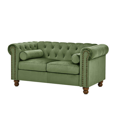 Asucoora Velvet Loveseat Couch, Rolled Arm 2-Seater Tufted Sofa with Nailhead Trim and 2 Neck Roll Pillows, Living Room Small Apartment Office Décor Green Asucoora
