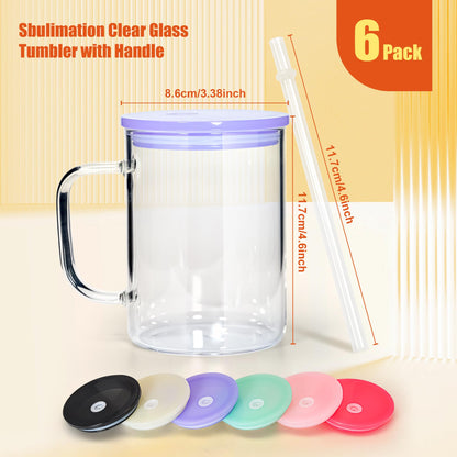 sweet grain Glass Cups with Handles, 6 Pack Clear Glass Coffee mugs with Handle and Colored Acrylic Lid, 17 oz Sublimation Glass Mugs with Handles, for Coffee, Tea, Cocoa, Milk